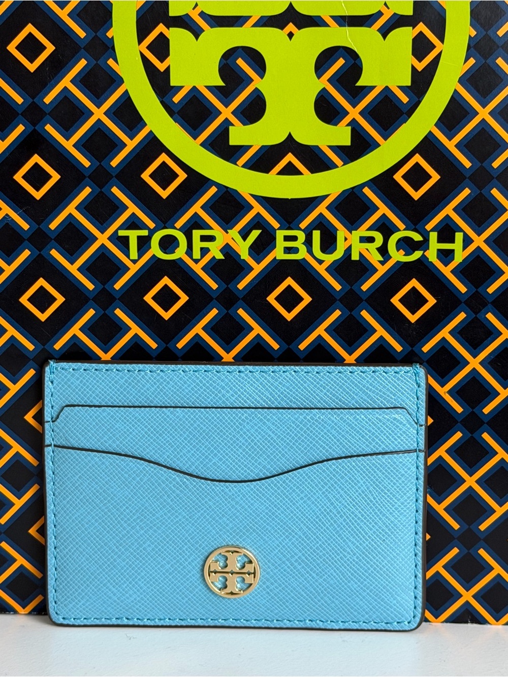 New Tory Burch Blue Raspberry Leather Card Holder with Gold Logo